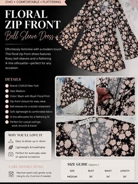 Chaus Black and Blush Floral Zip‑Front Bell Sleeve Dress